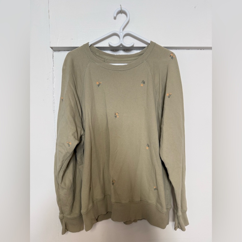 Aerie Sage Green Embroidered Floral Sweater
